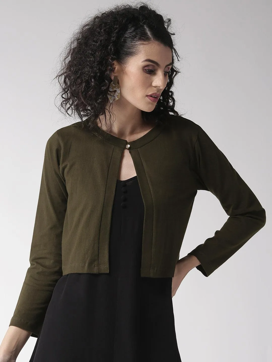 Style Quotient Women Solid Black Cotton Smart Casual Crop Shrug