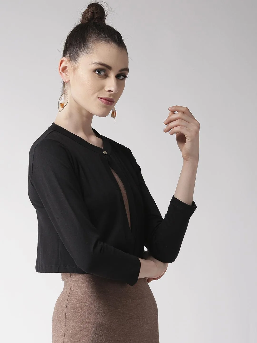 Style Quotient Women Solid Black Cotton Smart Casual Crop Shrug