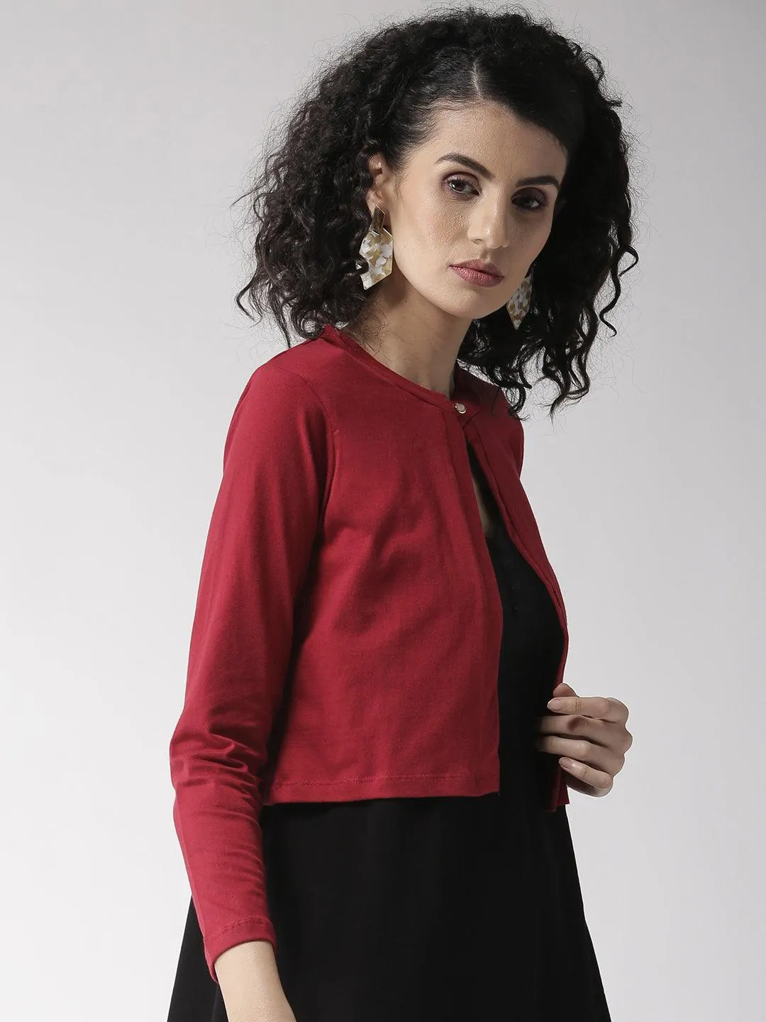 Style Quotient Women Solid Black Cotton Smart Casual Crop Shrug