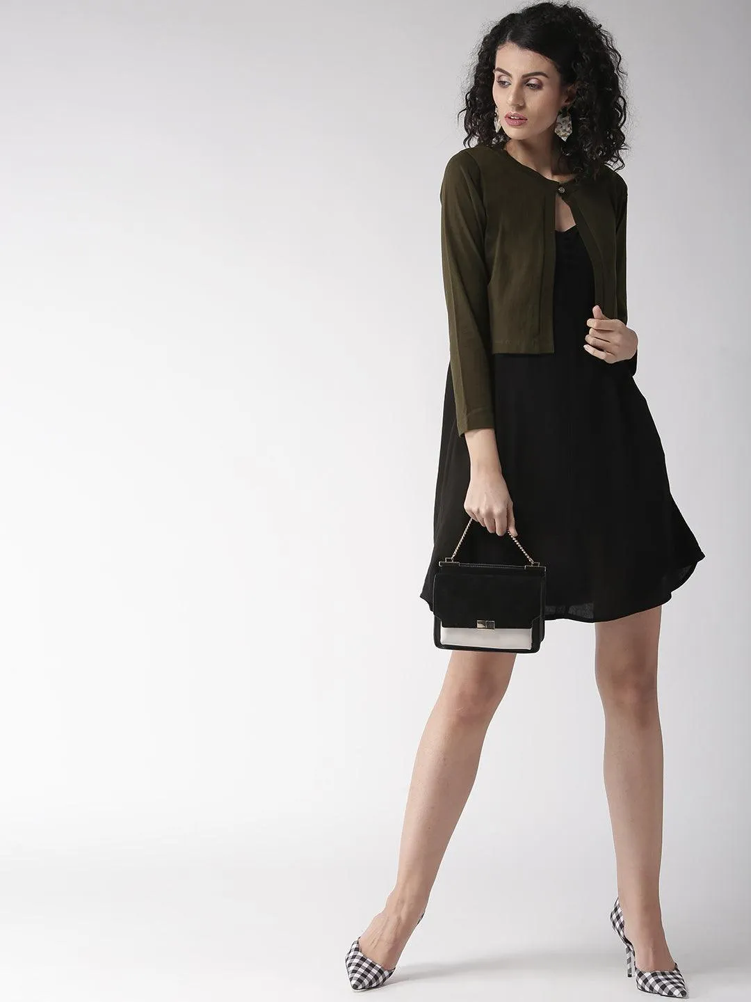 Style Quotient Women Solid Black Cotton Smart Casual Crop Shrug