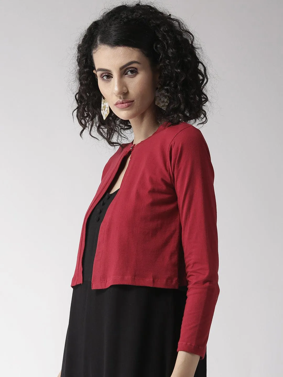 Style Quotient Women Solid Black Cotton Smart Casual Crop Shrug
