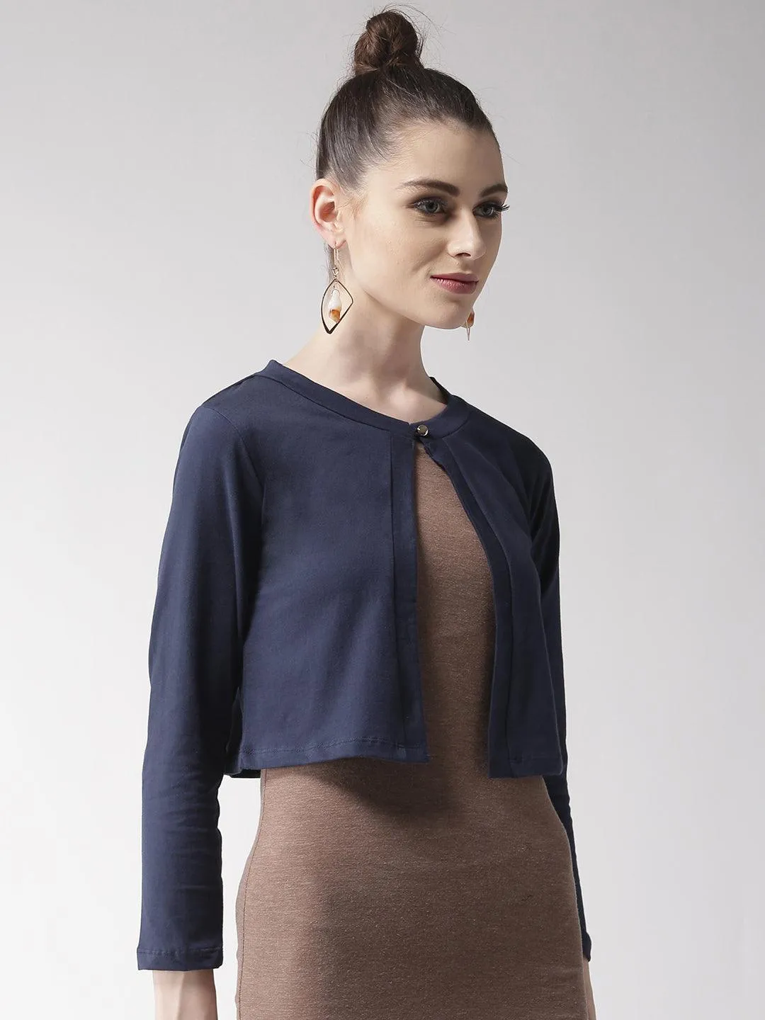 Style Quotient Women Solid Black Cotton Smart Casual Crop Shrug