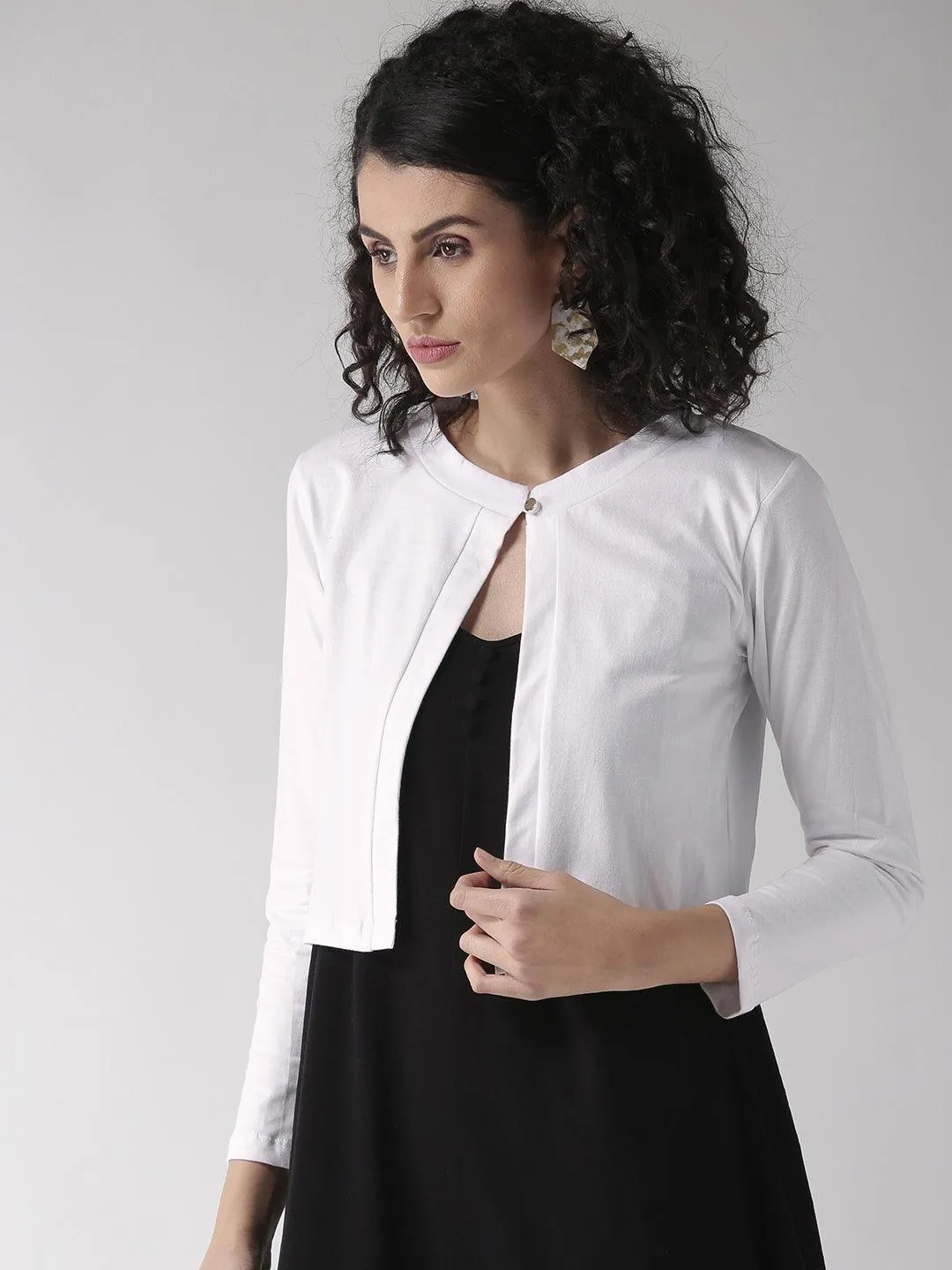 Style Quotient Women Solid Black Cotton Smart Casual Crop Shrug