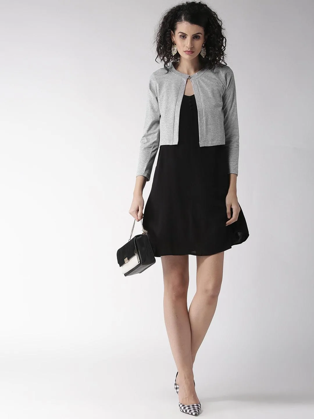 Style Quotient Women Solid Black Cotton Smart Casual Crop Shrug