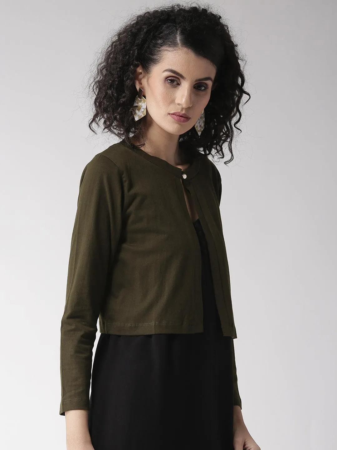Style Quotient Women Solid Black Cotton Smart Casual Crop Shrug
