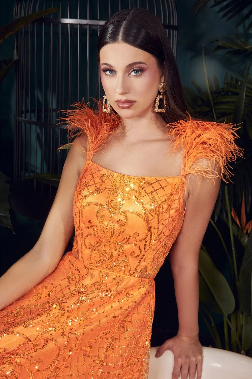 Suni Ball Gown with Feather Prom Dress 7401076TKR-NeonOrange LaDivine KV1076 Cinderella Divine KV1076 Andrea & Leo KV1076