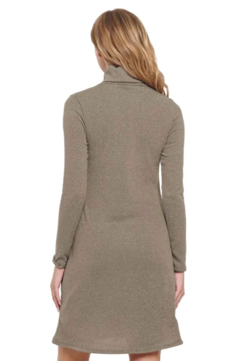 Turtle Neck Shimmer Maternity Dress Style 2583 in Taupe