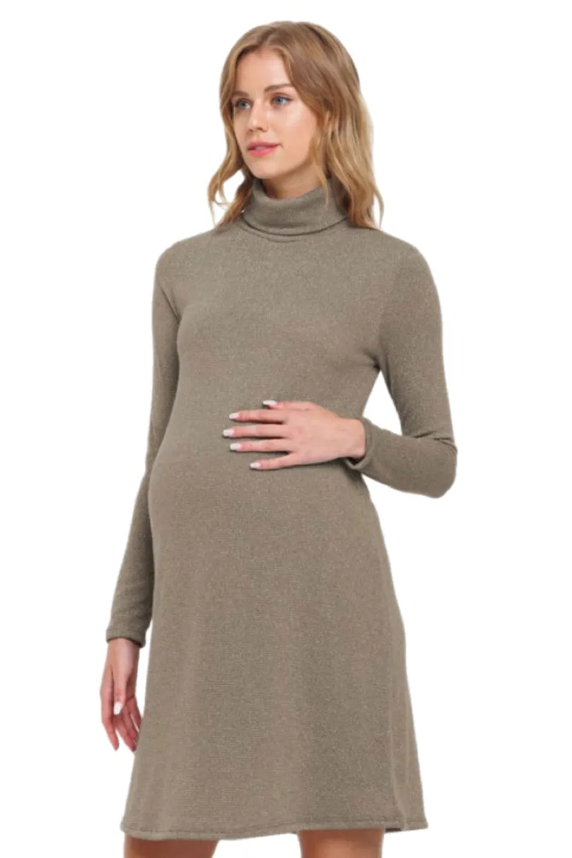 Turtle Neck Shimmer Maternity Dress Style 2583 in Taupe