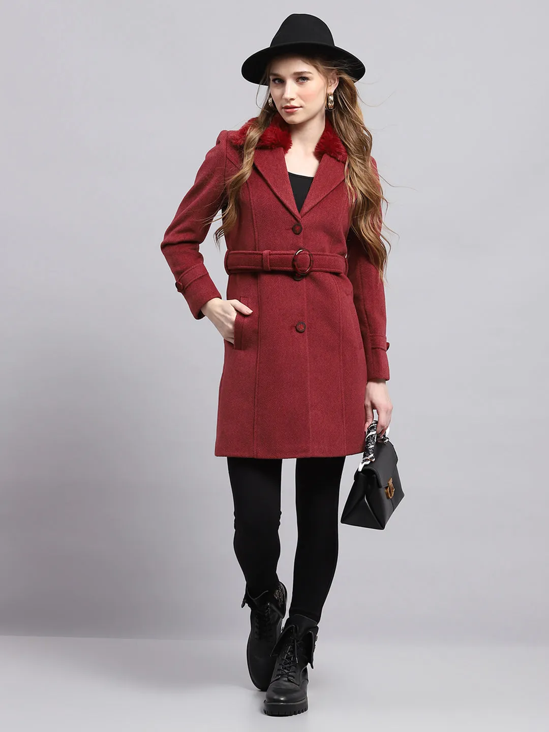 Women Maroon Self Design Collar Full Sleeve Coat