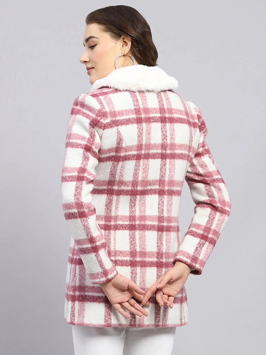 Women Pink Check Collar Full Sleeve Coat